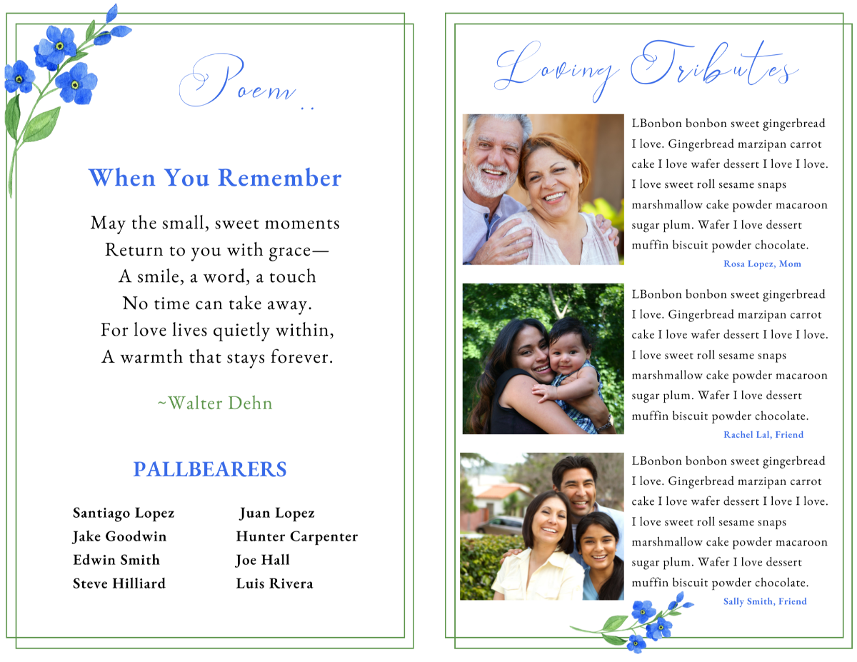 Poem and tribute pages with light botanical artwork and soft blue forget-me-nots.