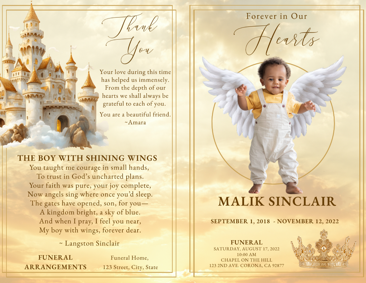 Open cover view with thank-you page featuring golden castle artwork, memorial poem, a main image of child with wings, and coordinated gold accents with matching borders.