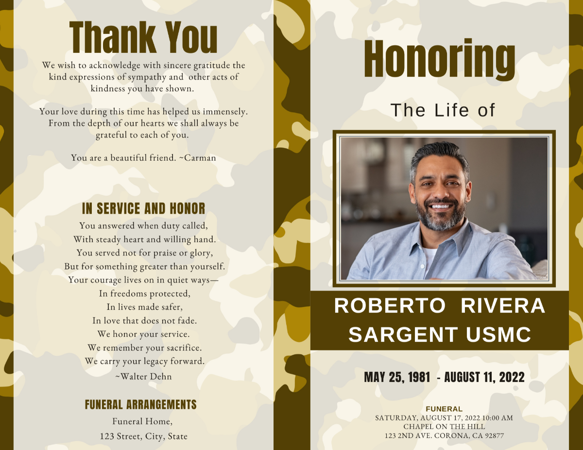 Program spread showing front and back pages with thank you message, memorial poem, and main tribute photo in coordinating camouflage design.
