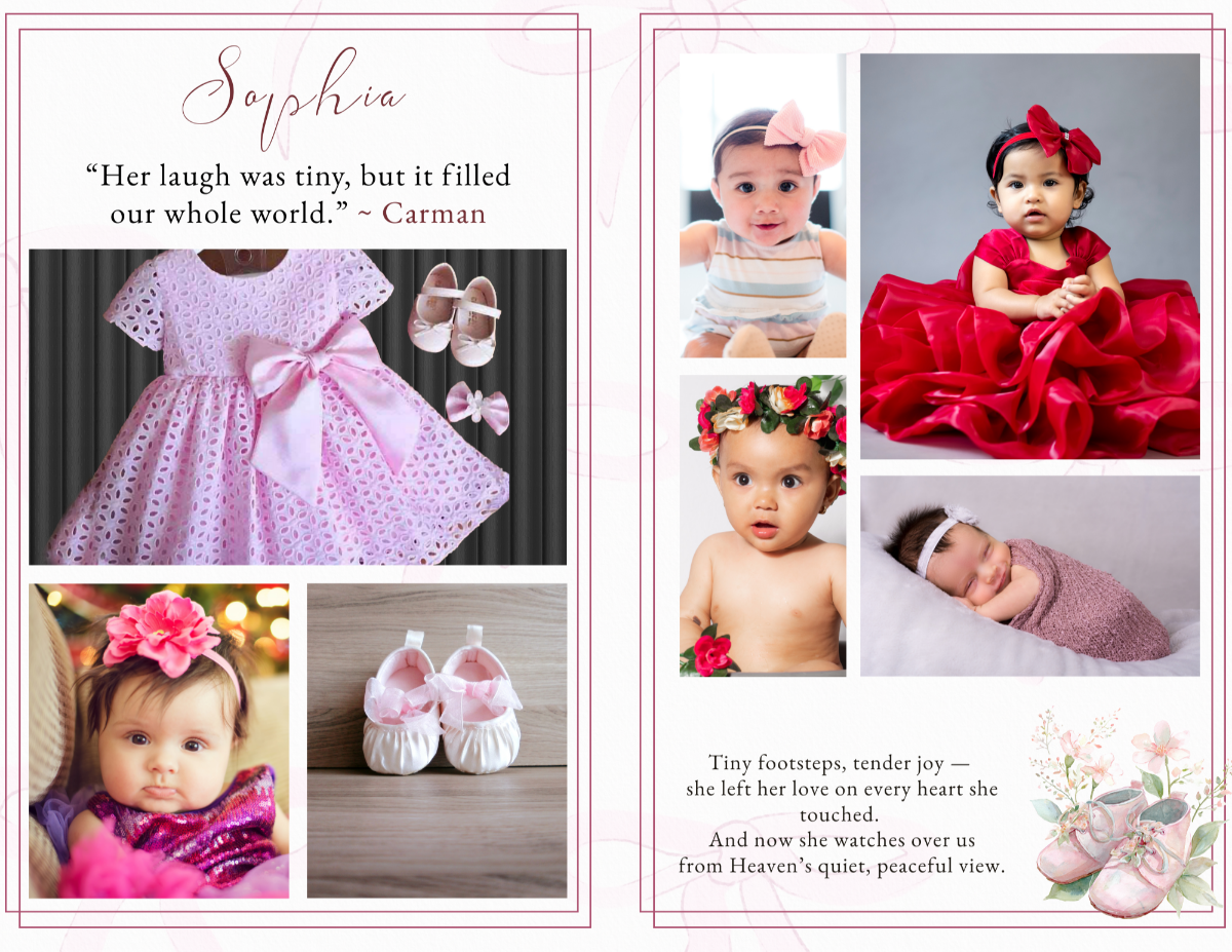 Full photo collage spread featuring infant portraits, dress keepsake, baby shoes, and soft watercolor blossoms arranged in a tender, child-friendly layout.