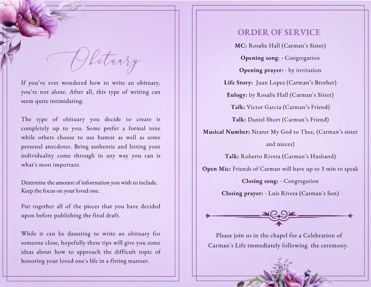 Obituary and order-of-service spread with soft lavender background, floral accents, framed borders, and a clearly structured ceremony listing.