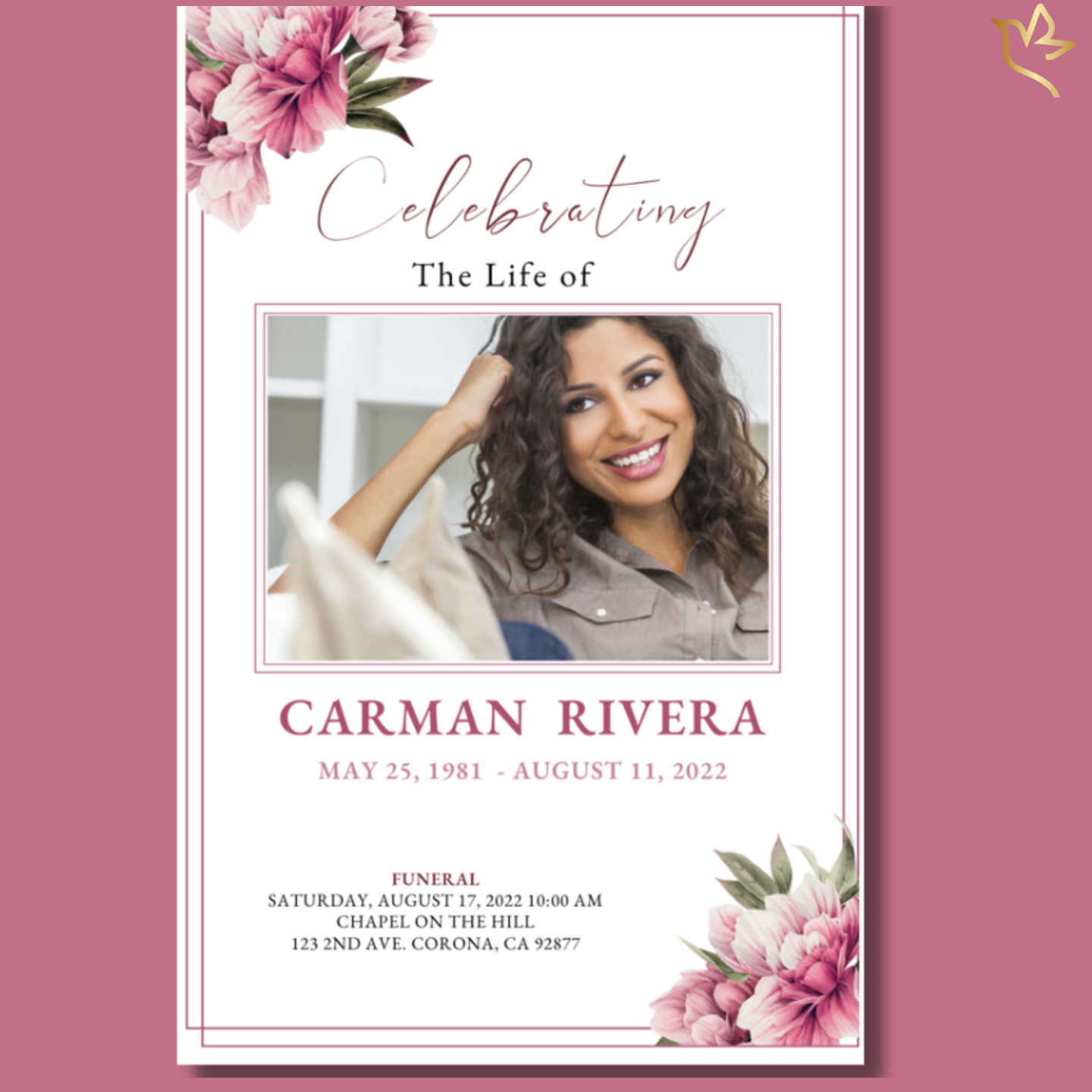 Front cover of Pretty Peonies Funeral Program Template featuring soft pink peonies, elegant borders, and a portrait space.