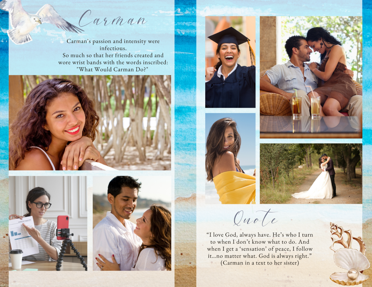 Photo collage section with watercolor sea and sand background and seagull illustration.