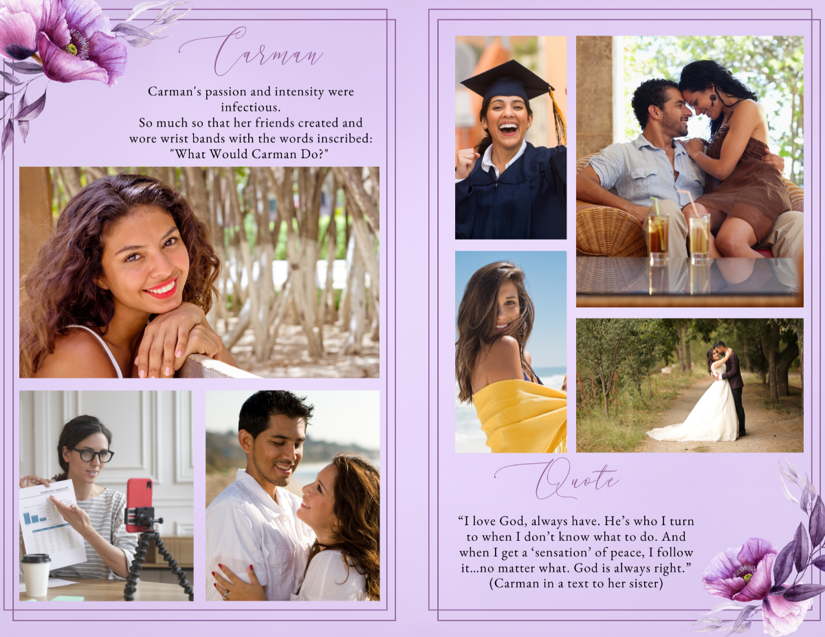 Celebration-of-life photo collage with multiple images from different life moments, bordered in lavender with a floral quote section at the bottom.