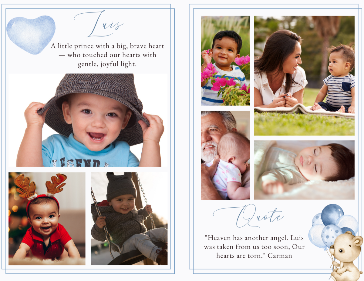 Photo collage and quote page layout showcasing family moments, smiling child photos, and “Heaven has another angel” sentiment in blue theme.