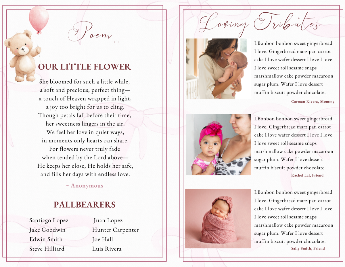 Poem page titled ‘Our Little Flower’ with balloon teddy-bear artwork, paired with family tribute messages and sweet baby photos.