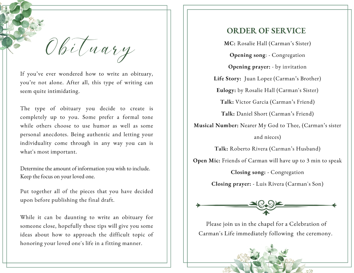 Inside pages displaying obituary and order of service framed by gentle watercolor foliage.