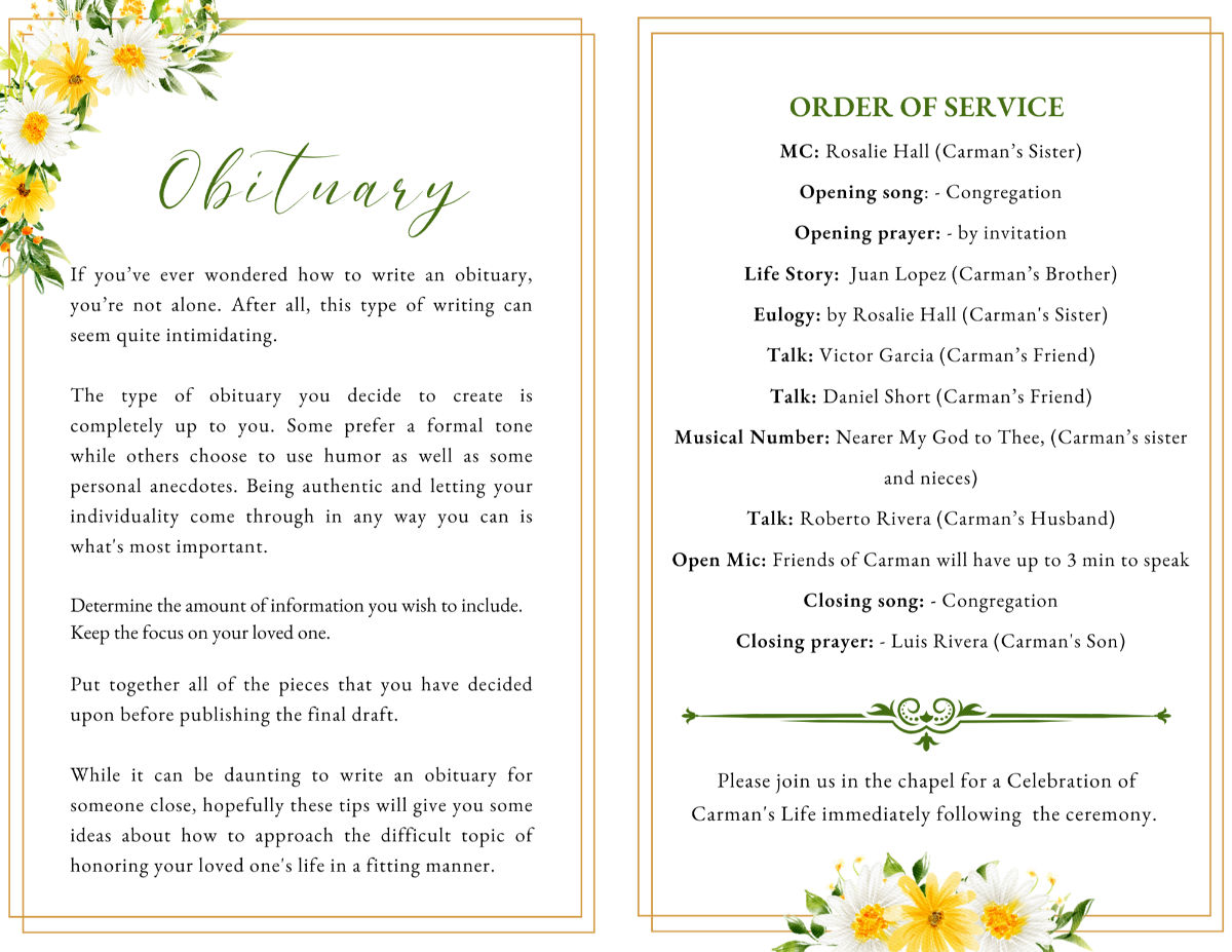 Interior layout displaying obituary and order of service pages with soft yellow floral accents.