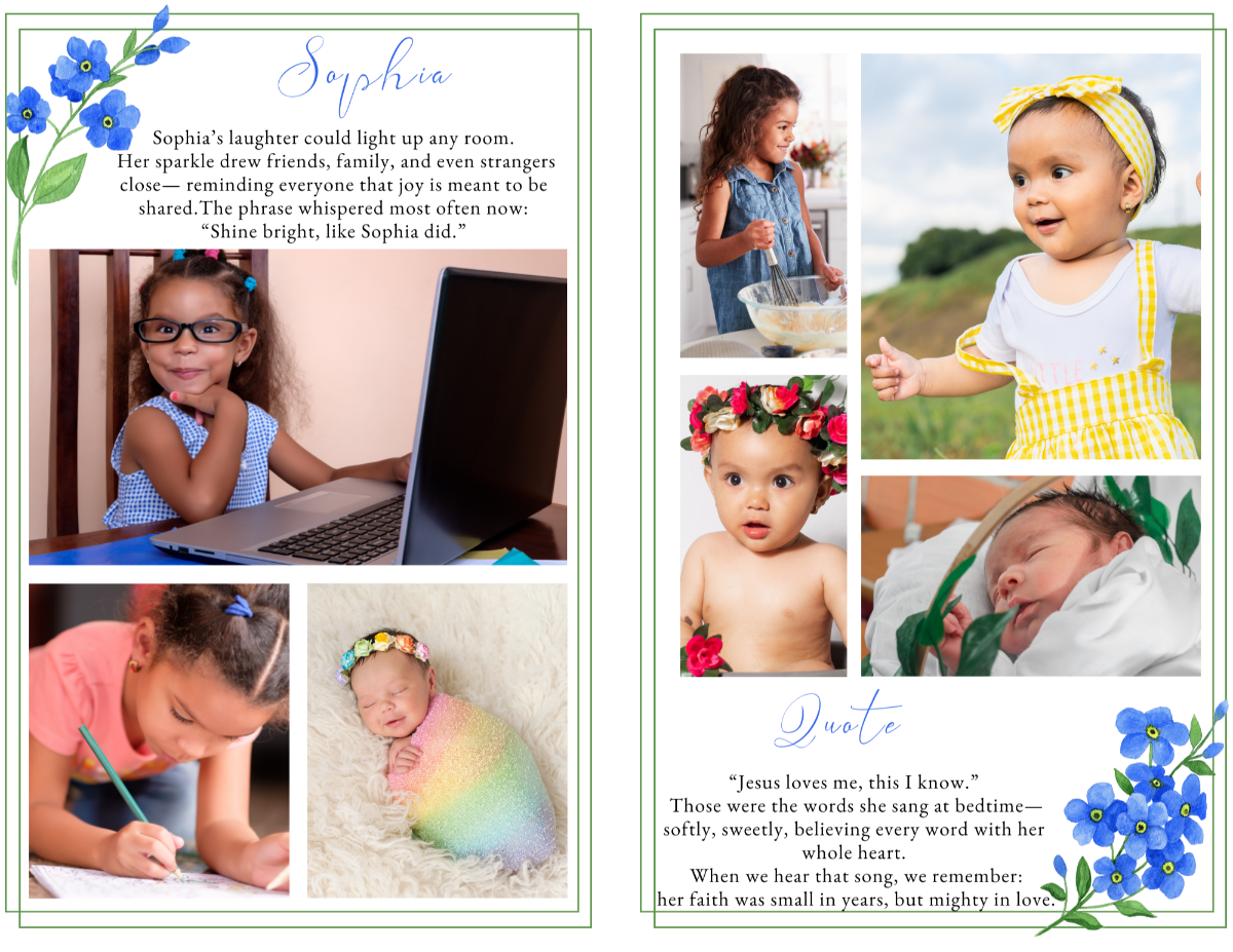 Photo collage pages of the Forget Me Nots Child Memorial Program, blue floral accents and gentle tone.