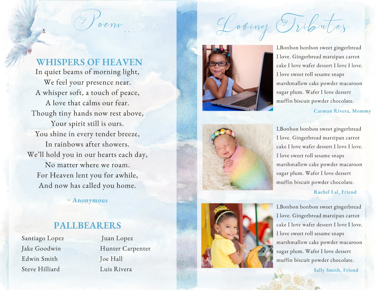 Poem page alongside loving tribute photos, set on a blue watercolor background with soft dove illustrations.