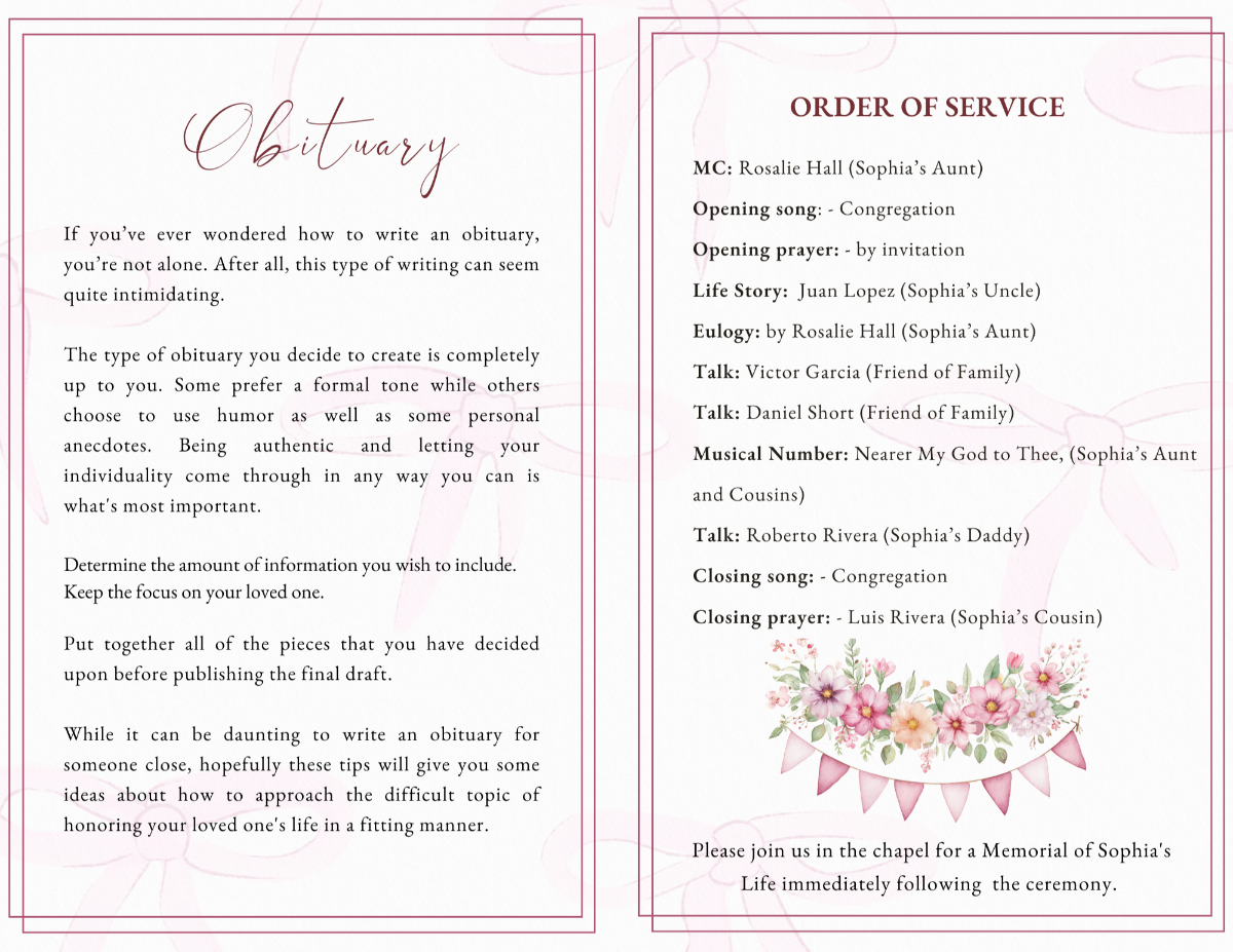 Obituary and order of service pages in gentle blush tones with floral banner artwork and soft child-friendly styling.