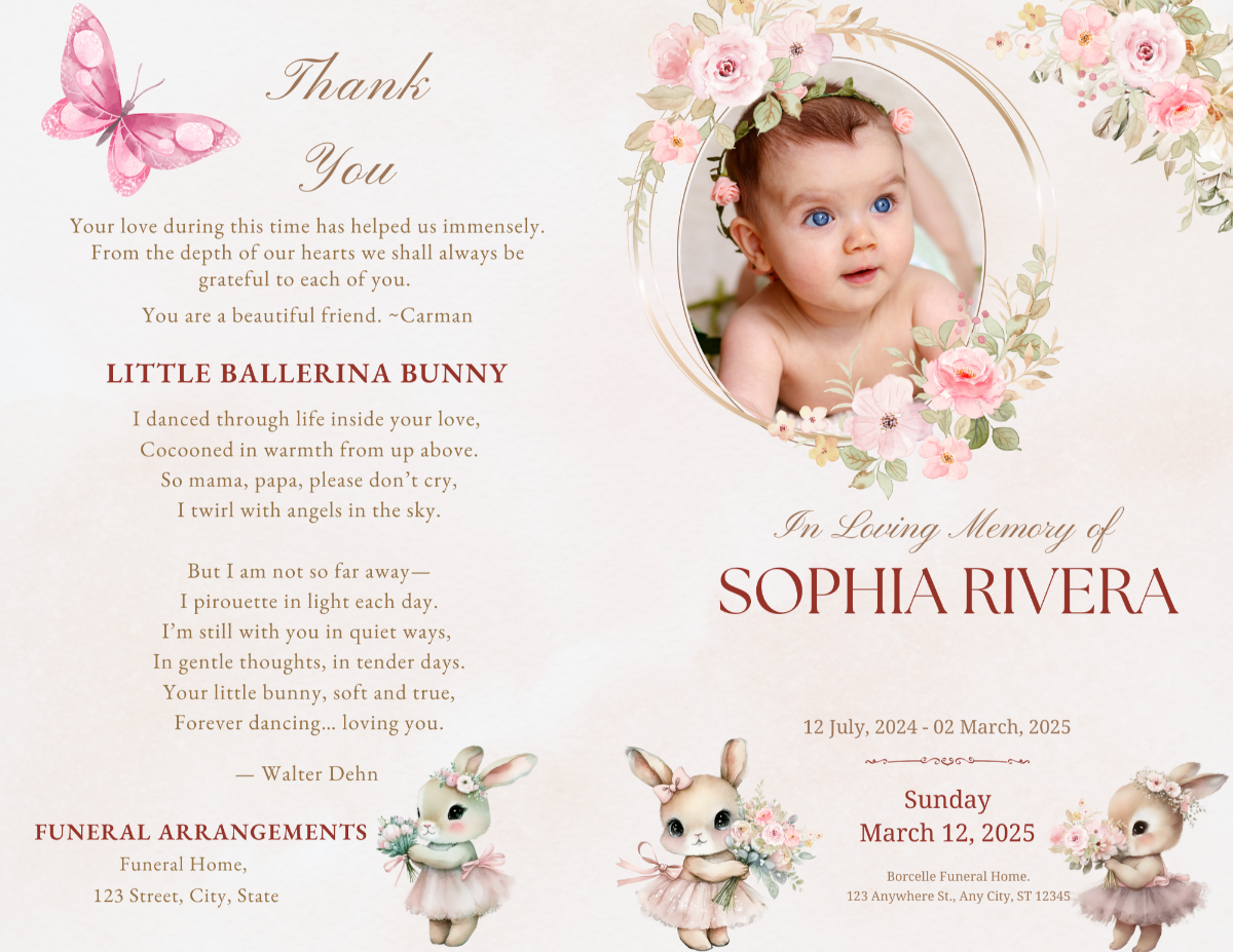 Baby girl funeral program template with soft pink floral design and ballerina bunny illustrations. Front cover features a baby photo framed by blossoms with “In Loving Memory” text; back cover includes a thank-you message, butterfly graphic, and a heartfelt poem titled “My Little Butterfly.