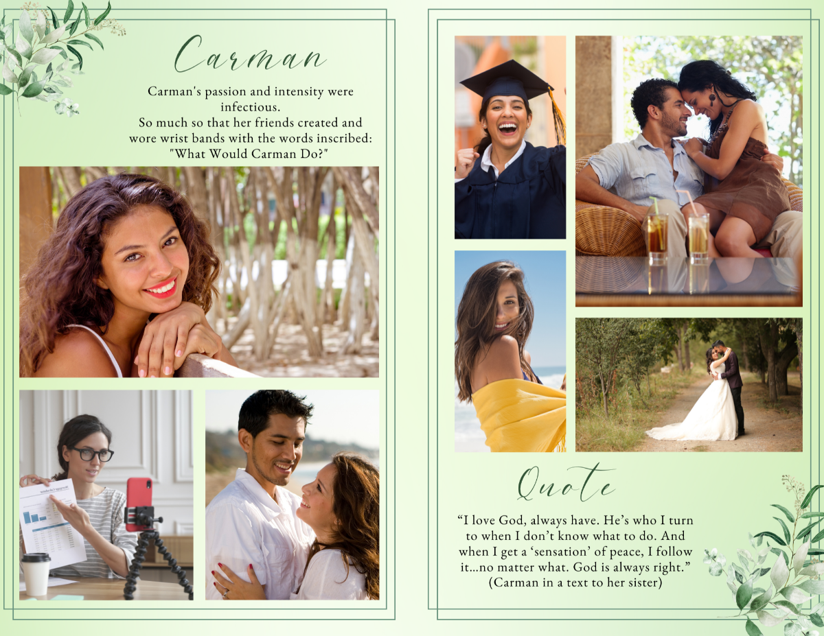 Celebration-of-life photo collage with multiple images from meaningful life moments, bordered in soft green with eucalyptus accents and a centered quote section.