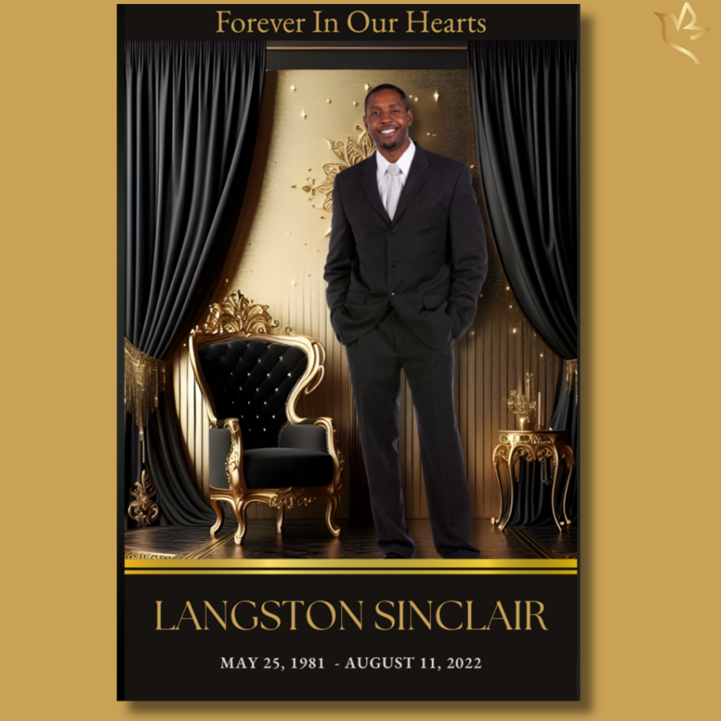 Golden Throne funeral program front cover featuring elegant black-and-gold drapery, ornate royal chair, full-standing portrait, and luxurious memorial layout.
