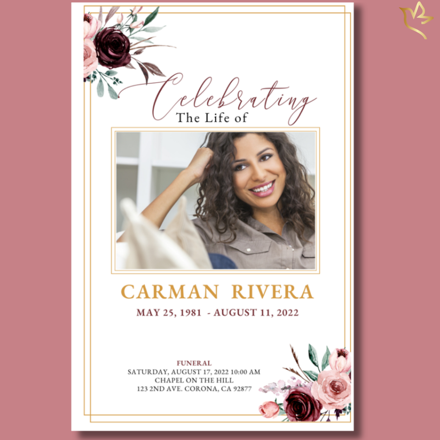 Restful Roses Funeral Program Canva Template – front and inside view of celebration of life design with red and blush roses, printable memorial