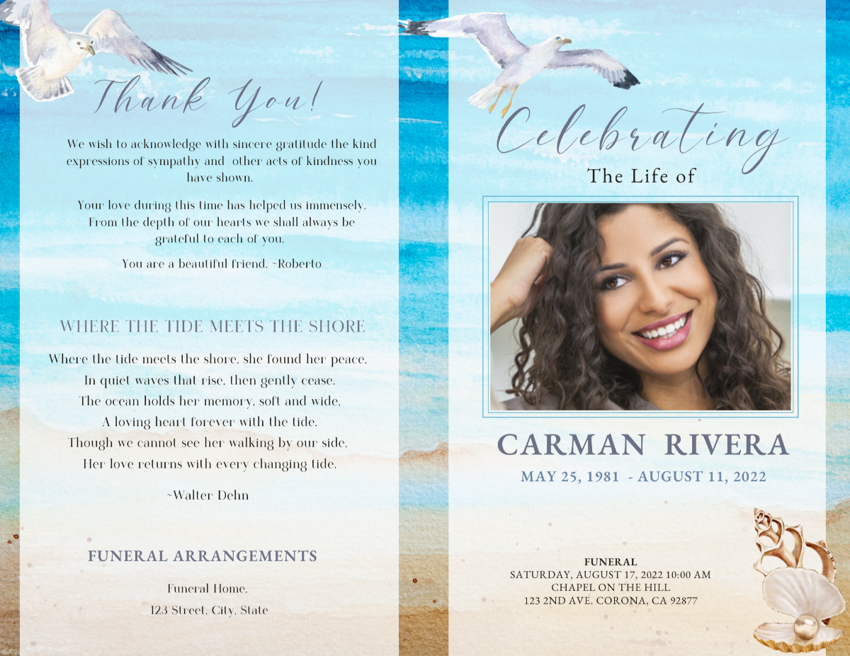 Two-page spread showing coastal funeral program cover and thank-you page with soft beach tones.