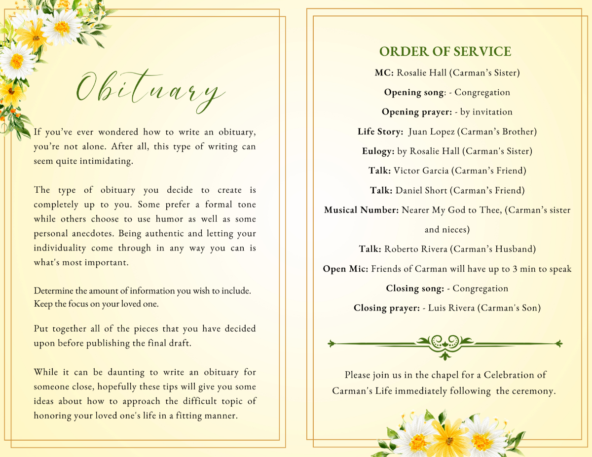 Open spread showing the obituary on a soft yellow background with floral accents and the full Order of Service on the right. Clean, readable layout with gentle golden tones.