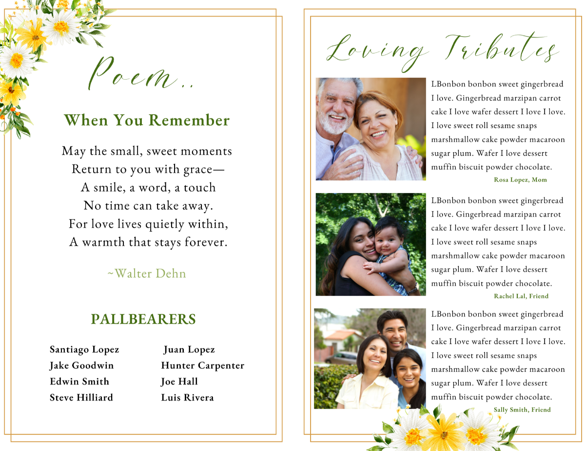 Poem and loving tributes pages with delicate daisy artwork and elegant green typography.