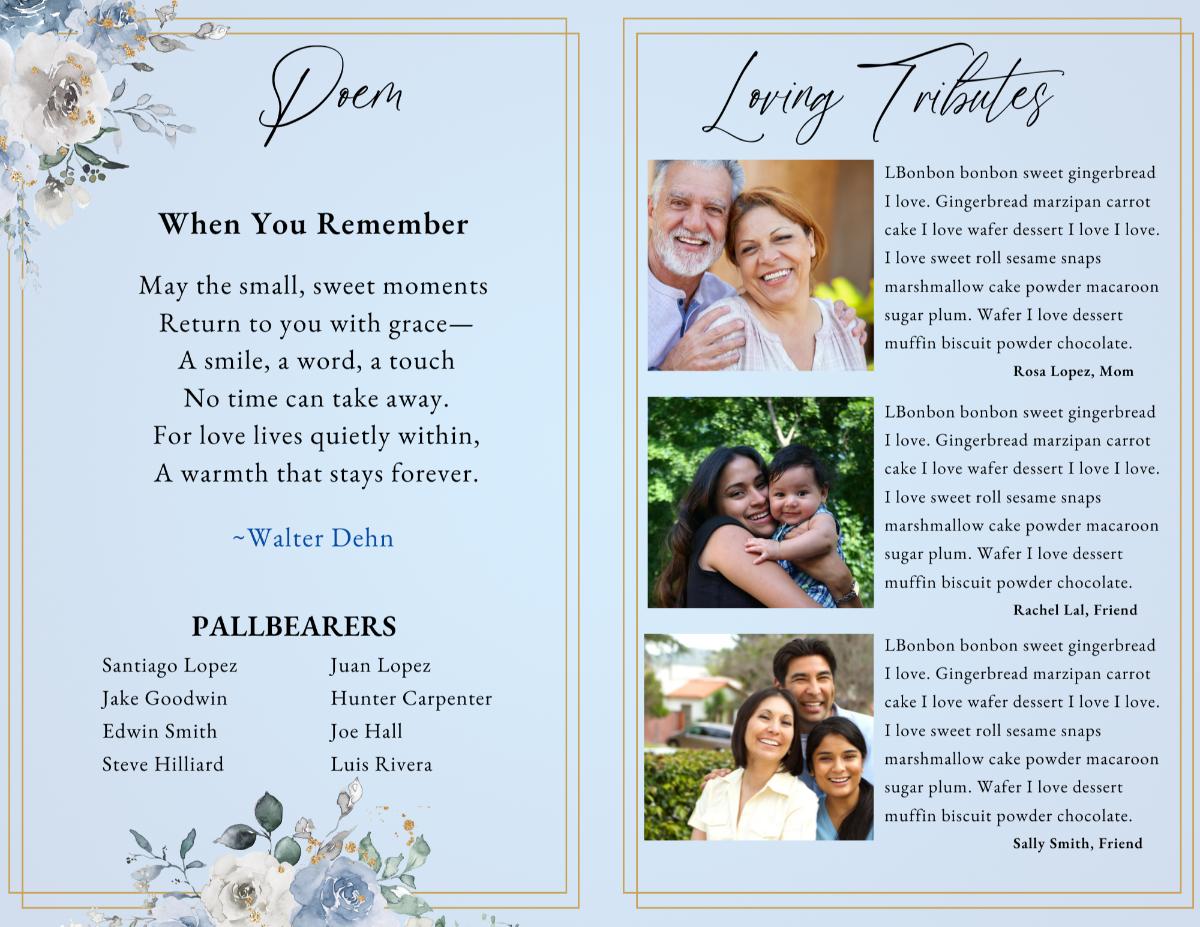 Thank You and alternate cover spread, including floral clusters, gold framing, and soft blue background with elegant typography.