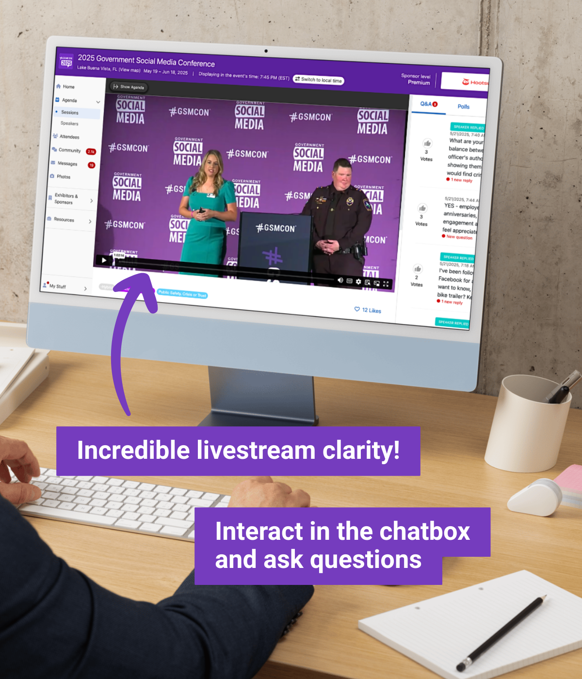 Screenshot of livestream with captions "Incredible livestream clarity" and "Interact in the chatbox and ask questions"