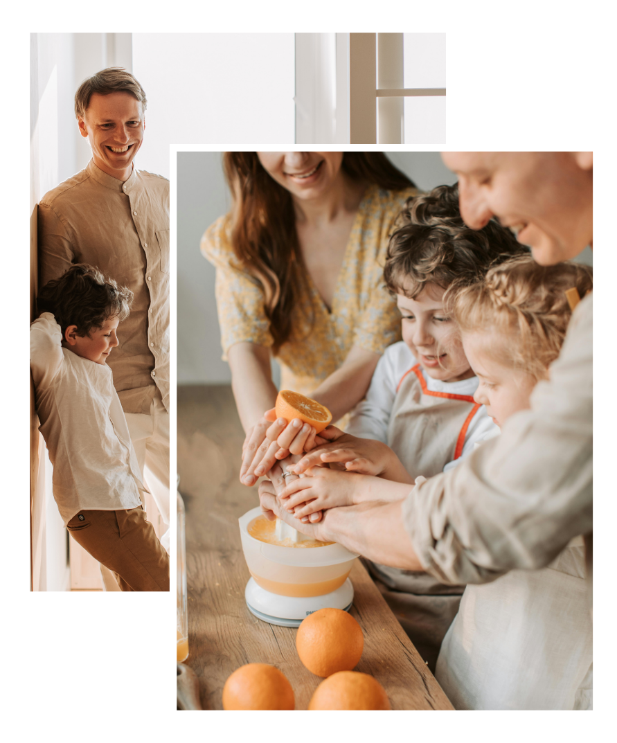 Family with young children making orange juice together in a cozy kitchen, representing connection, teamwork, and intentional family routines through The H.O.M.E. Course.