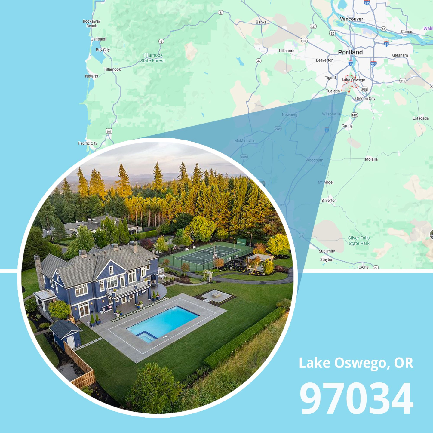 Map of ZIP code 97034 Lake Oswego, Oregon showing area served by licensed life insurance agent.