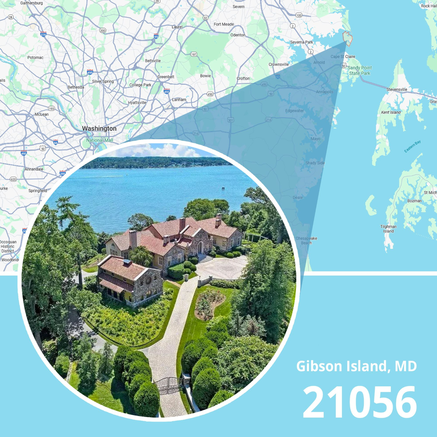 Map of ZIP code 21056 Gibson Island, Maryland showing area served by licensed life insurance agent.