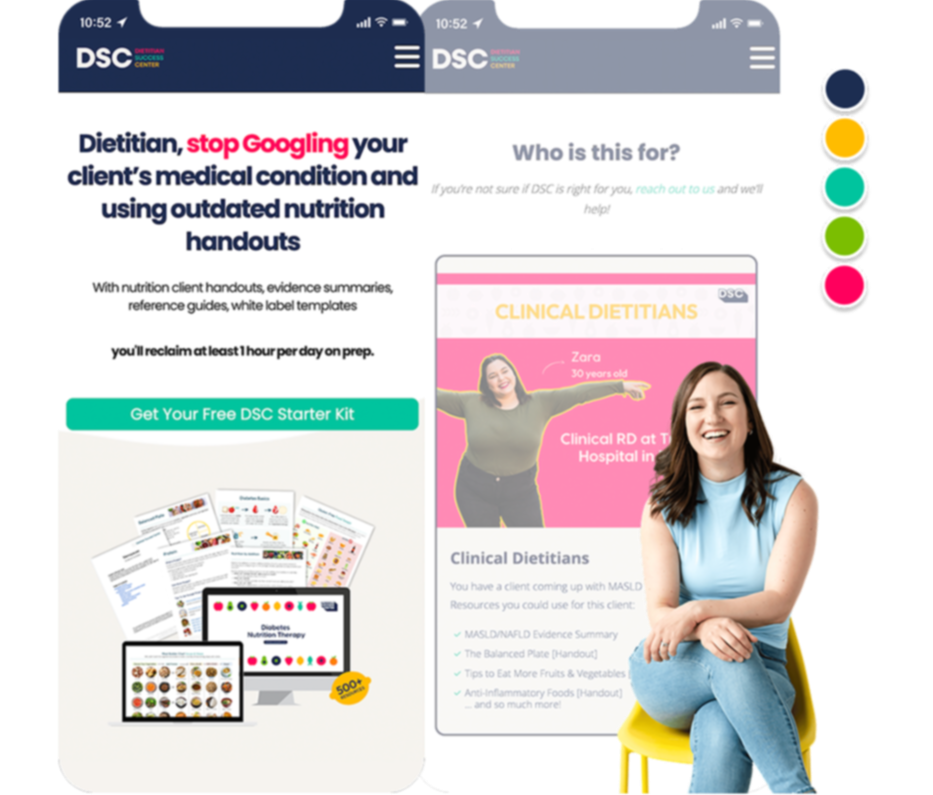 A music education website displayed on two overlapping smartphones. On the left phone, is a navigation menu. The right phone showcases a section titled 'LE COURS INDISPENSABLE' with text suggesting free introductory music lessons. Beside the phones, a smiling man with long hair sits with a guitar on his lap. Above the man is the branded colour palette.
