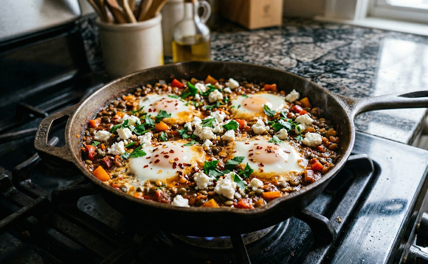 One-Pan Shakshuka with Lentils & Eggs style=