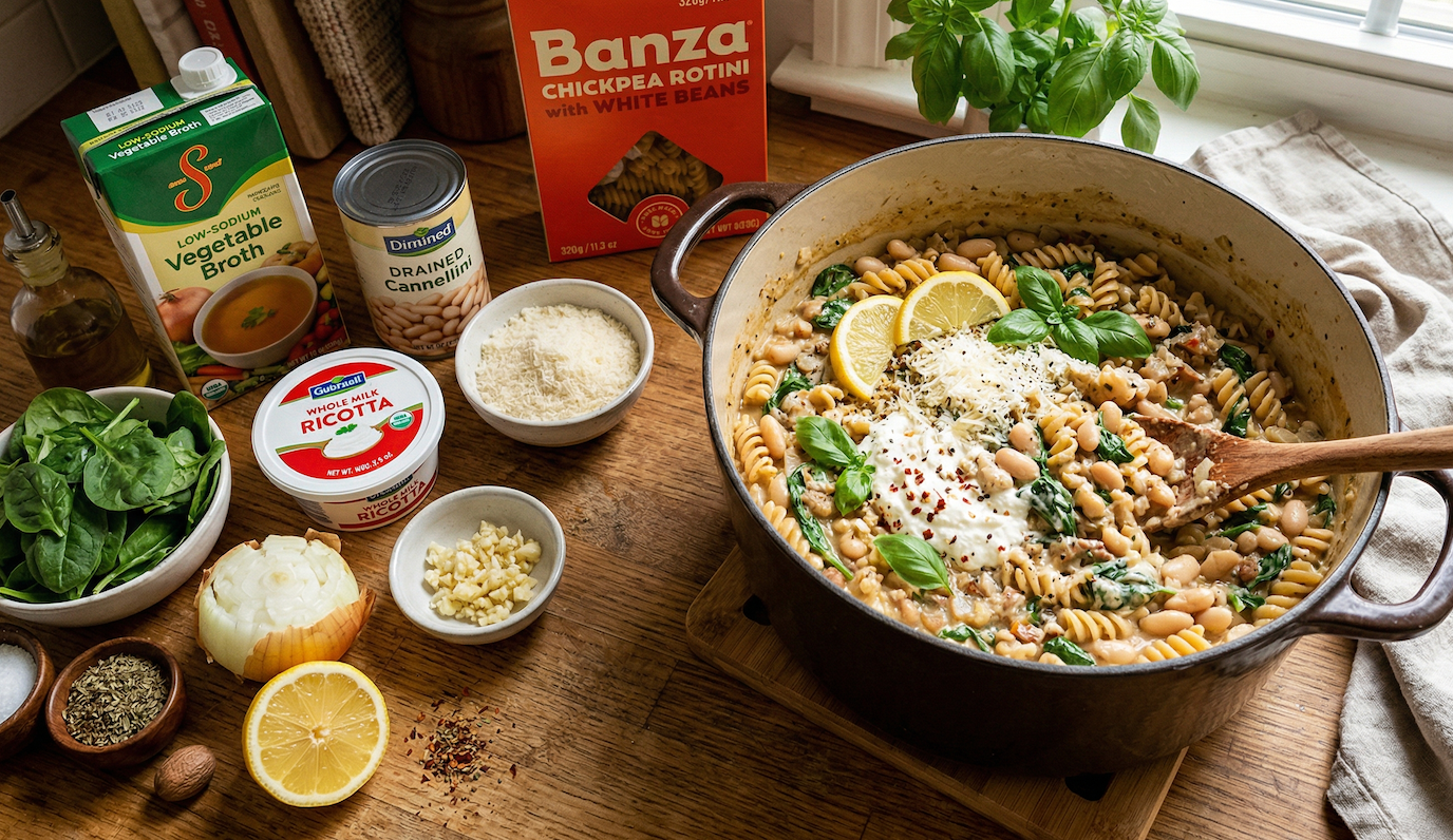 One-Pot Protein Pasta with White Beans & Ricotta style=