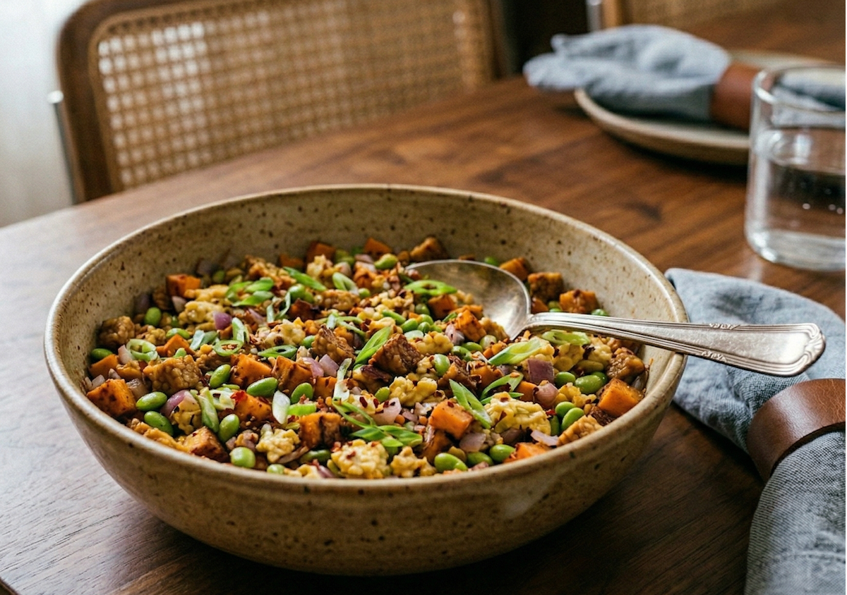 One-Pan Tempeh, Sweet Potato & Edamame Hash