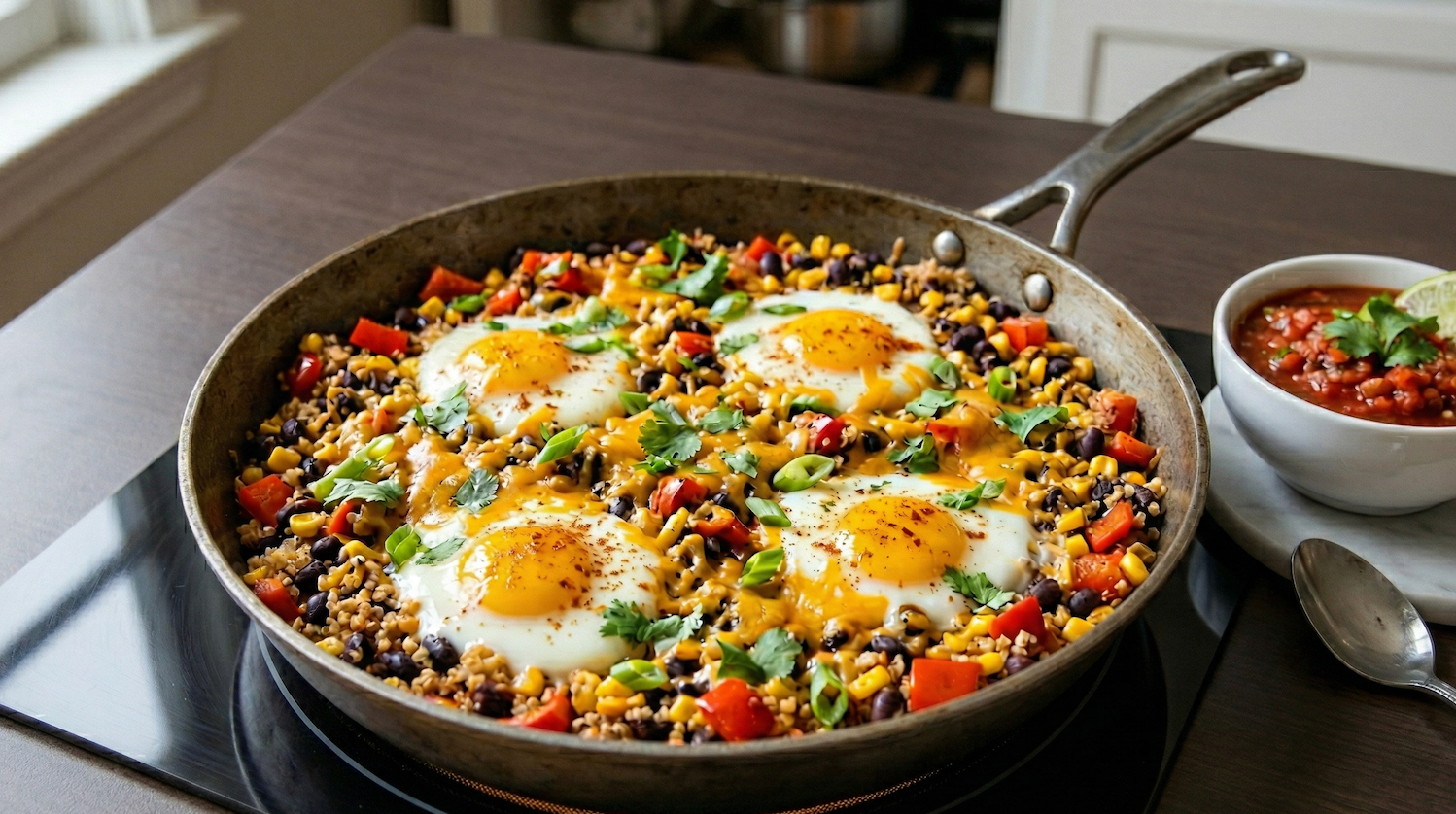One-Pan Egg, Black Bean & Quinoa Skillet & style=