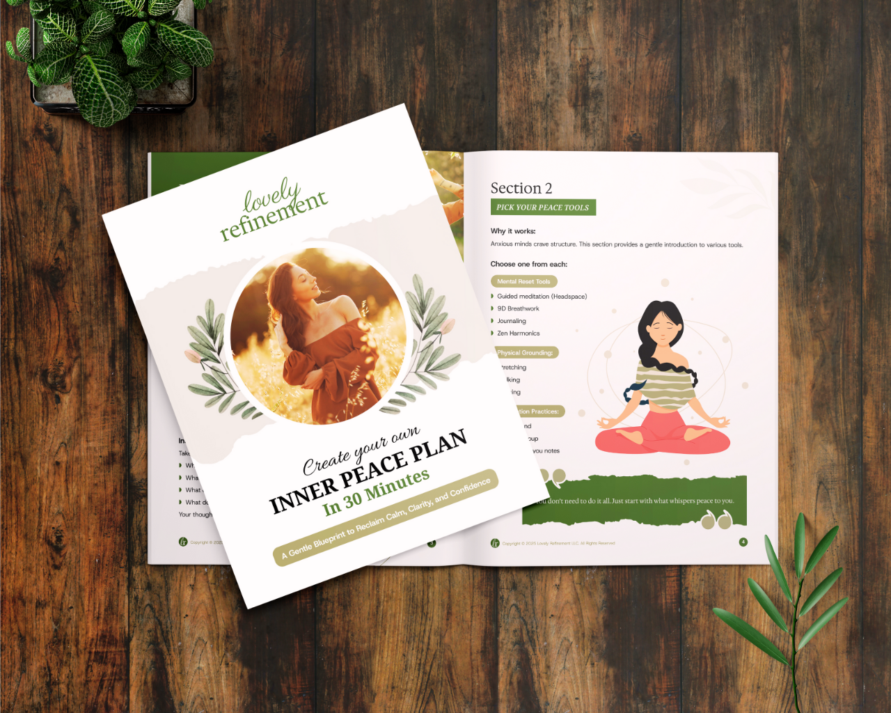 A beautifully designed flat lay image of the Lovely Refinement guide titled “Create Your Own Inner Peace Plan in 30 Minutes.” The cover features a serene woman in an off-the-shoulder rust-colored dress standing in a sunlit field, surrounded by a circular frame of watercolor-style olive branches. The subtitle reads, “A Gentle Blueprint to Reclaim Calm, Clarity, and Confidence.” The open page beside the cover shows Section 2: Pick Your Peace Tools with illustrated options such as meditation, journaling, stretching, and yoga. A peaceful illustration of a woman meditating cross-legged appears on the right page. The booklet rests on a rustic wooden surface beside a small green plant, evoking a calm and natural aesthetic consistent with the Lovely Refinement brand.