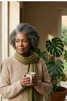 A woman in her early 70s stands by a window with a warm mug in her hands, soft light highlighting her calm expression. Reflective mood supports the theme of understanding alzheimer&rsquo;s pathways with clarity and compassion.