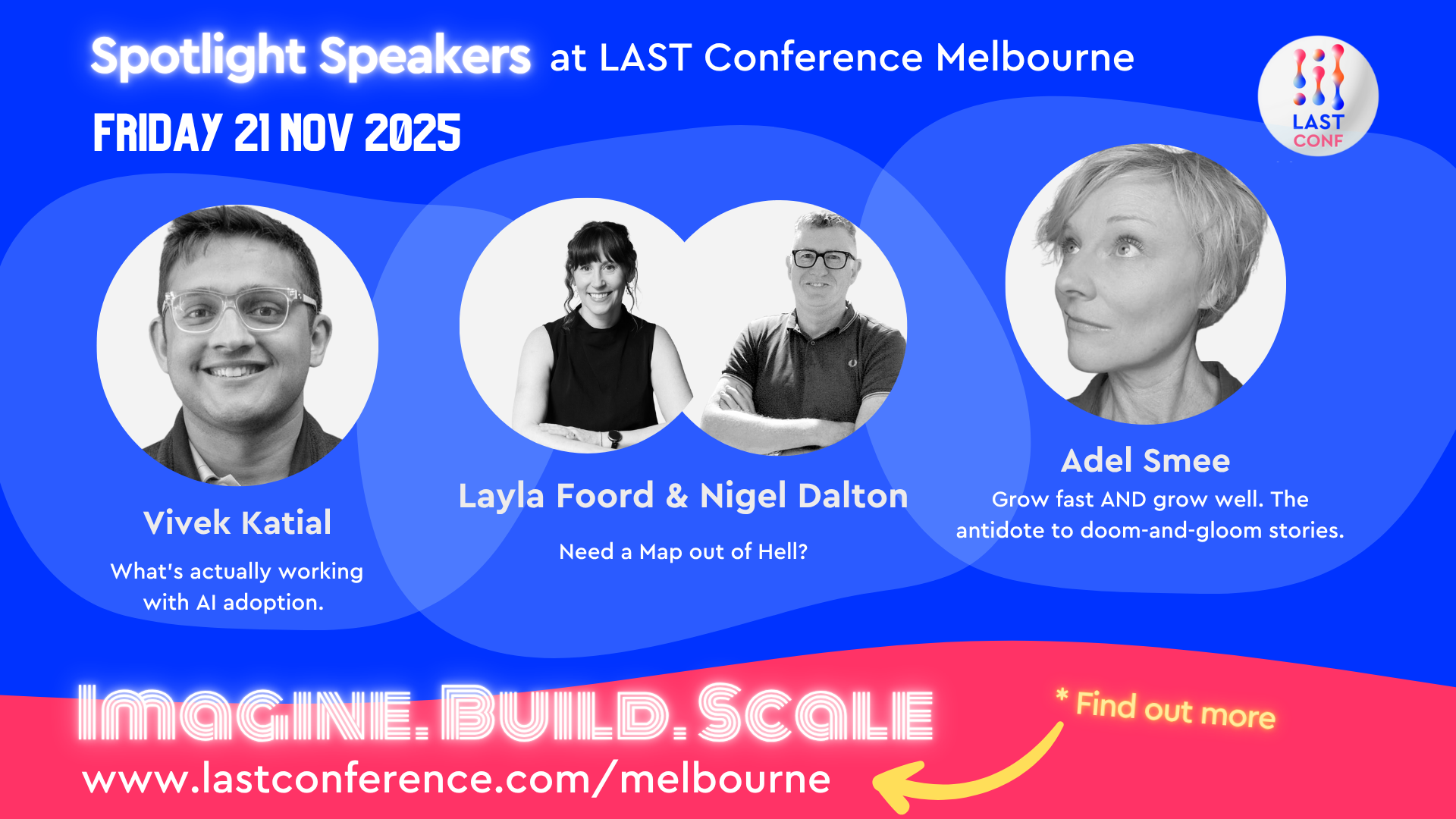 Speaker spotlight poster on a bright blue background with 