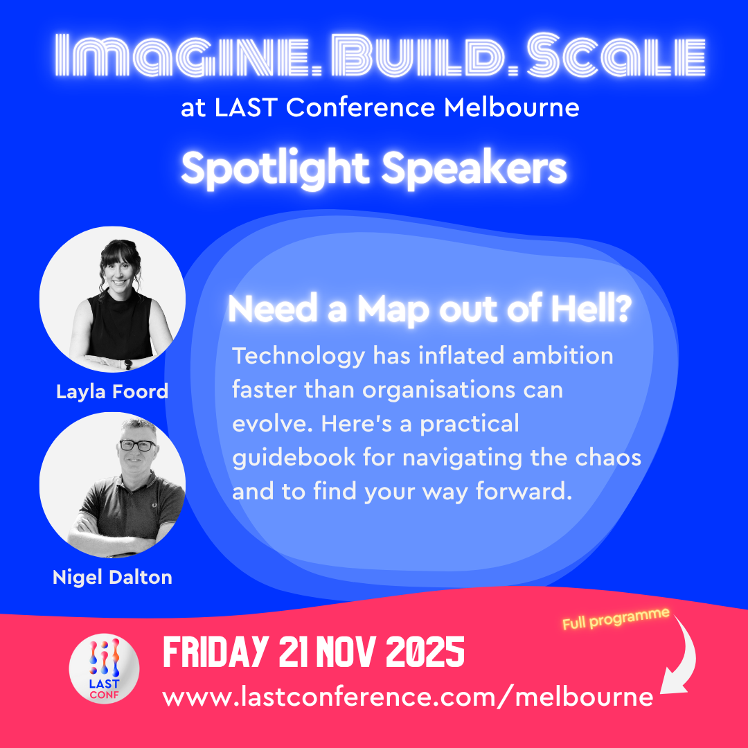 Alt Text:  Spotlight Speakers announcement on a bright blue background with 