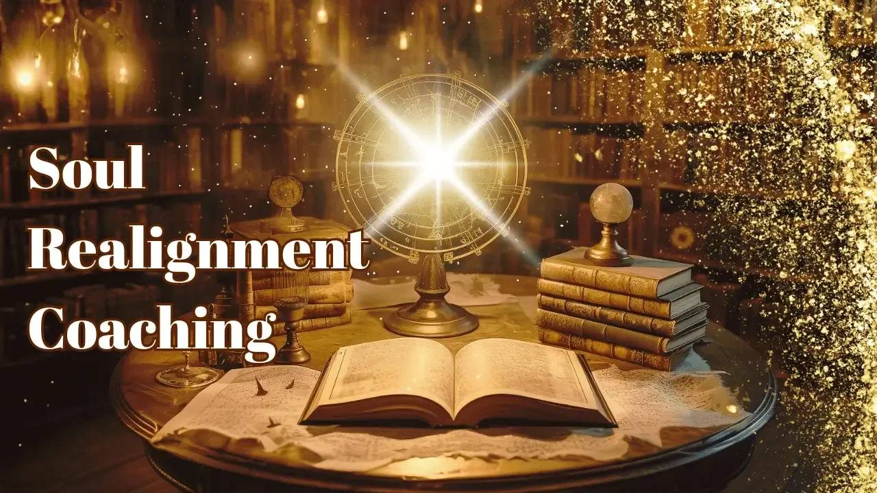 Soul Realignment Coaching - image of a mystical library with your story book open
