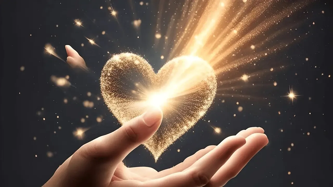 Golden heart held in a hand with golden light coming out of it