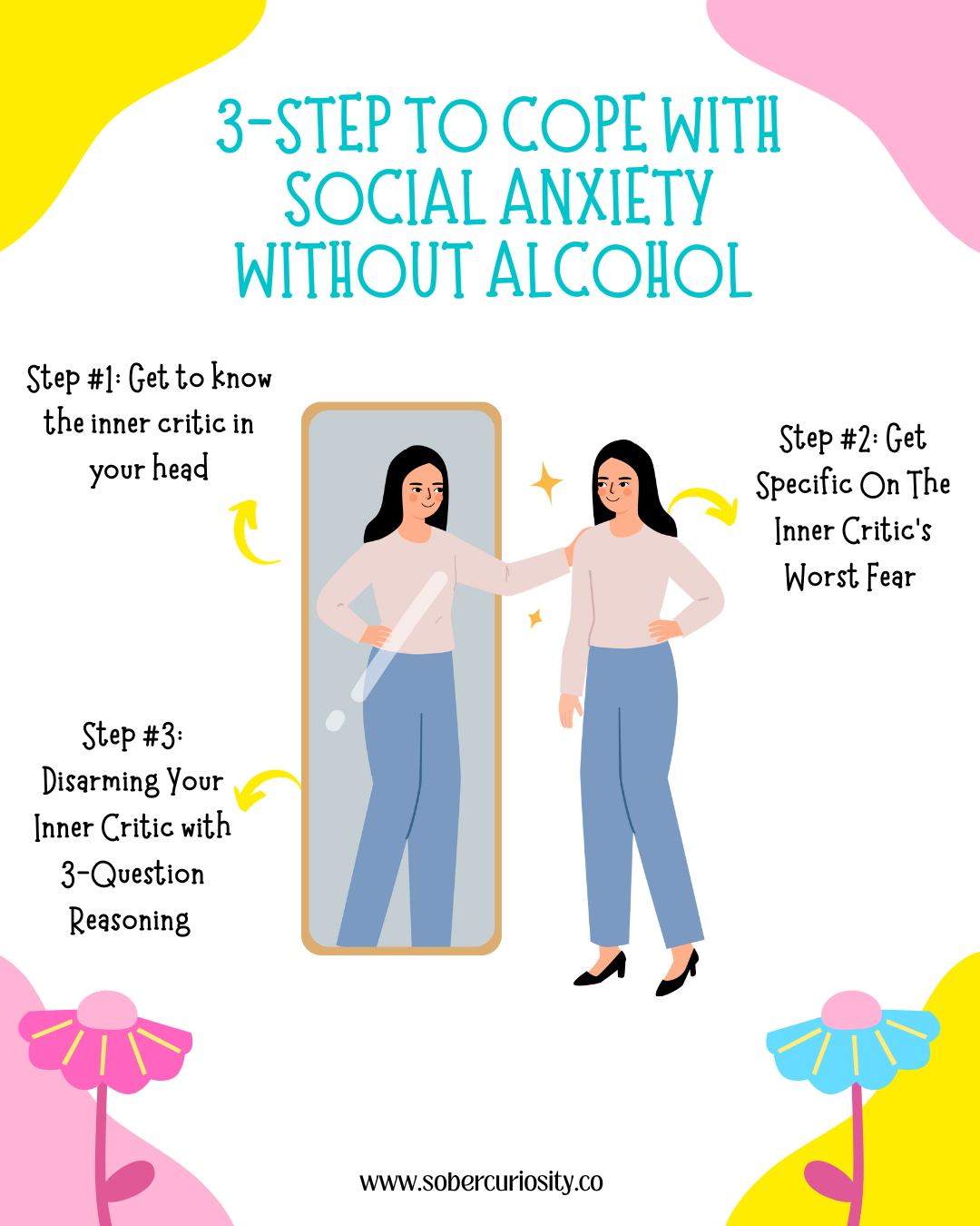Three-step guide to cope with social anxiety without alcohol—get to know your inner critic, identify its fears, and disarm it using reasoning.