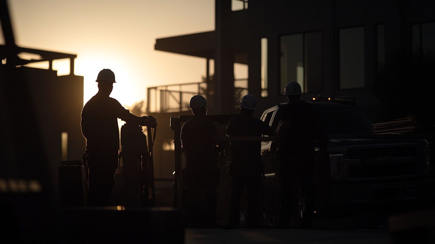 Construction trucks on site at dawn — J316 Foundations concrete project