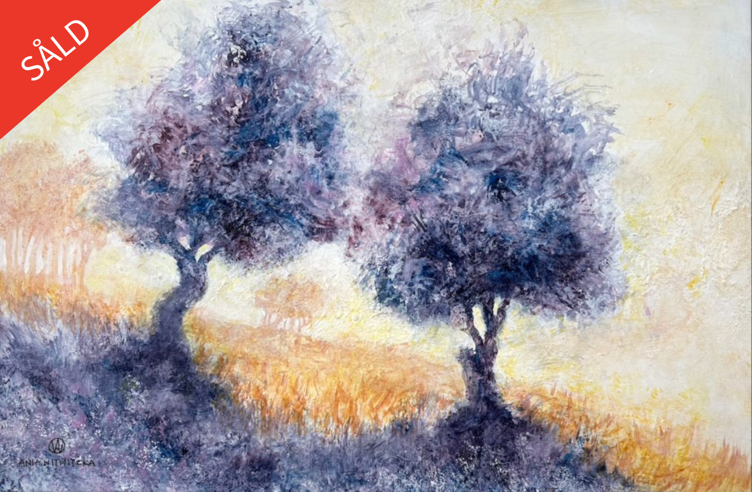 Två träd i guldljus, storlek ca 40x60 cm, pirs 4900 kr 