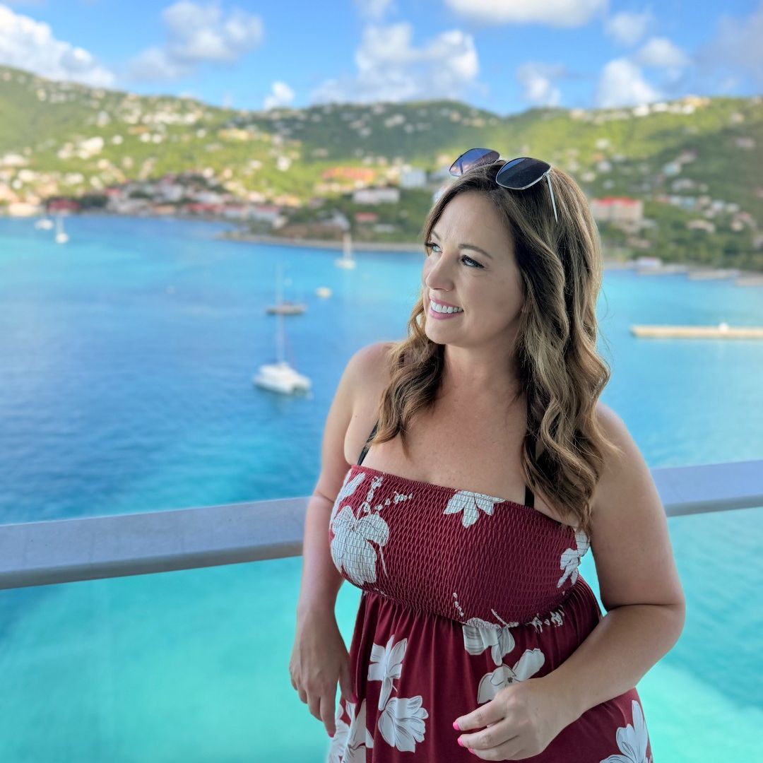 St. Thomas Cruise Port: Professor Melissa on cruise balcony