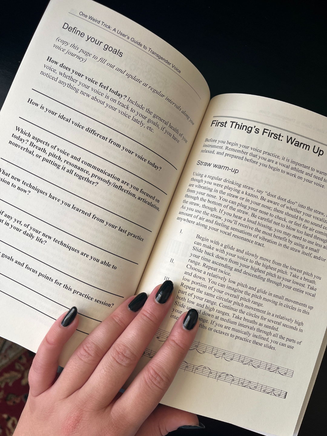 The inside of One Weird Trick: A User's Guide to Transgender Voice by Liz Jackson Hearns, showing a 