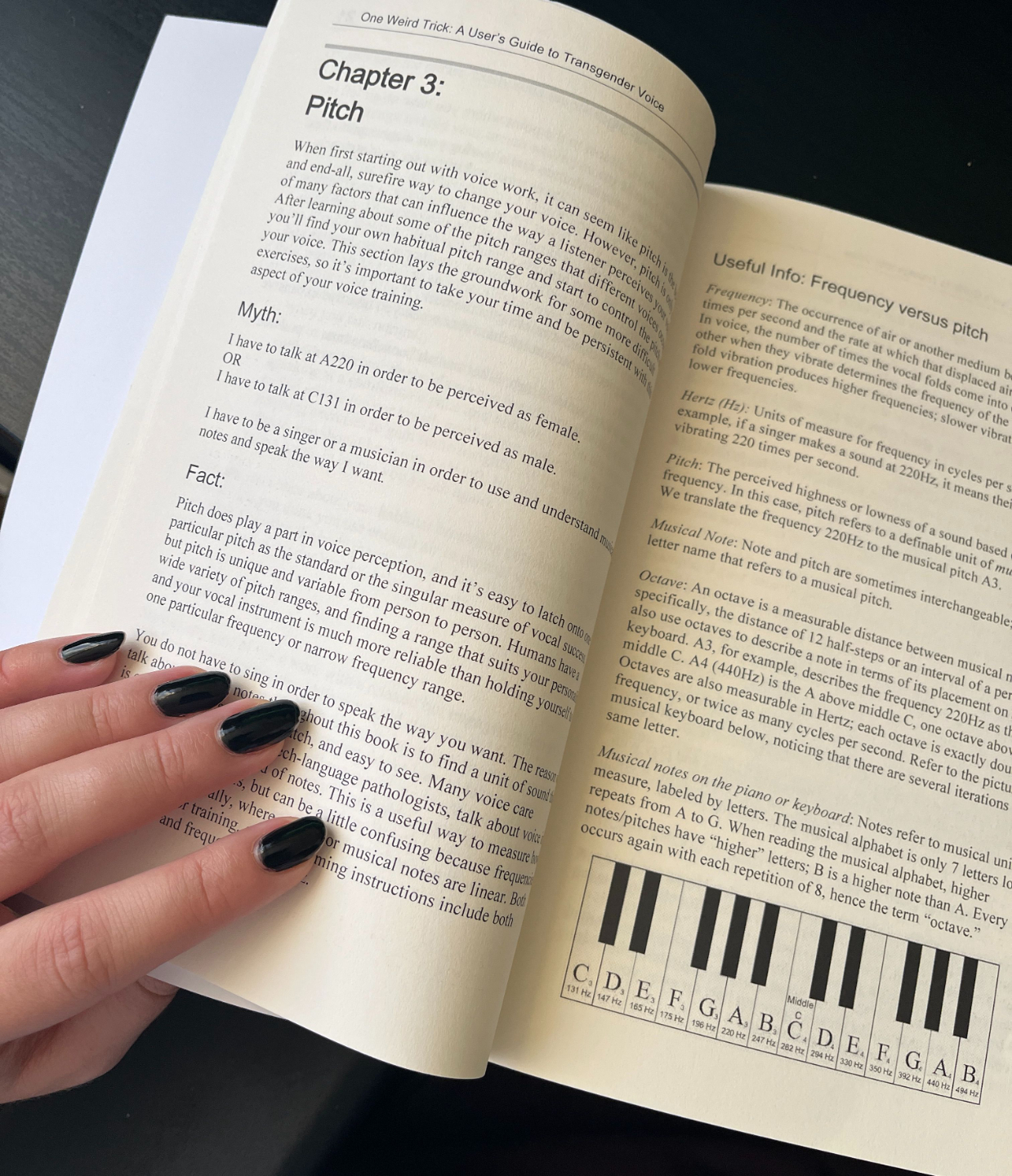 The inside of One Weird Trick: A User's Guide to Transgender Voice by Liz Jackson Hearns, showing Chapter 3: Pitch