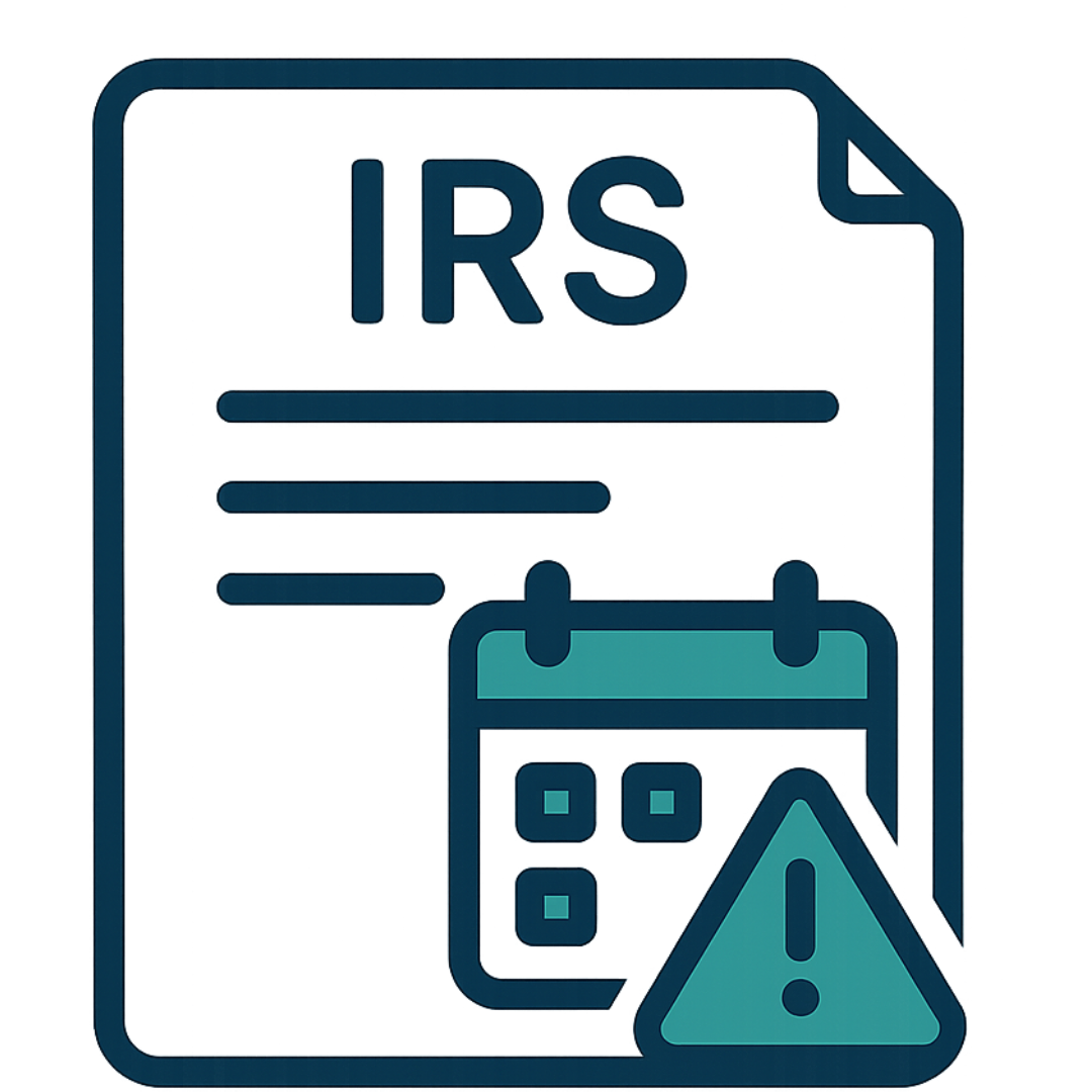 Vector icon of a gavel striking a document with a warning triangle, symbolizing IRS enforcement and penalties.