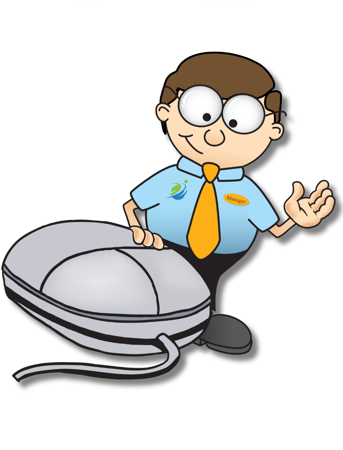 Cartoon restaurant manager with a giant computer mouse, standing next to “Step 2 – Share Your Unique Link” text.