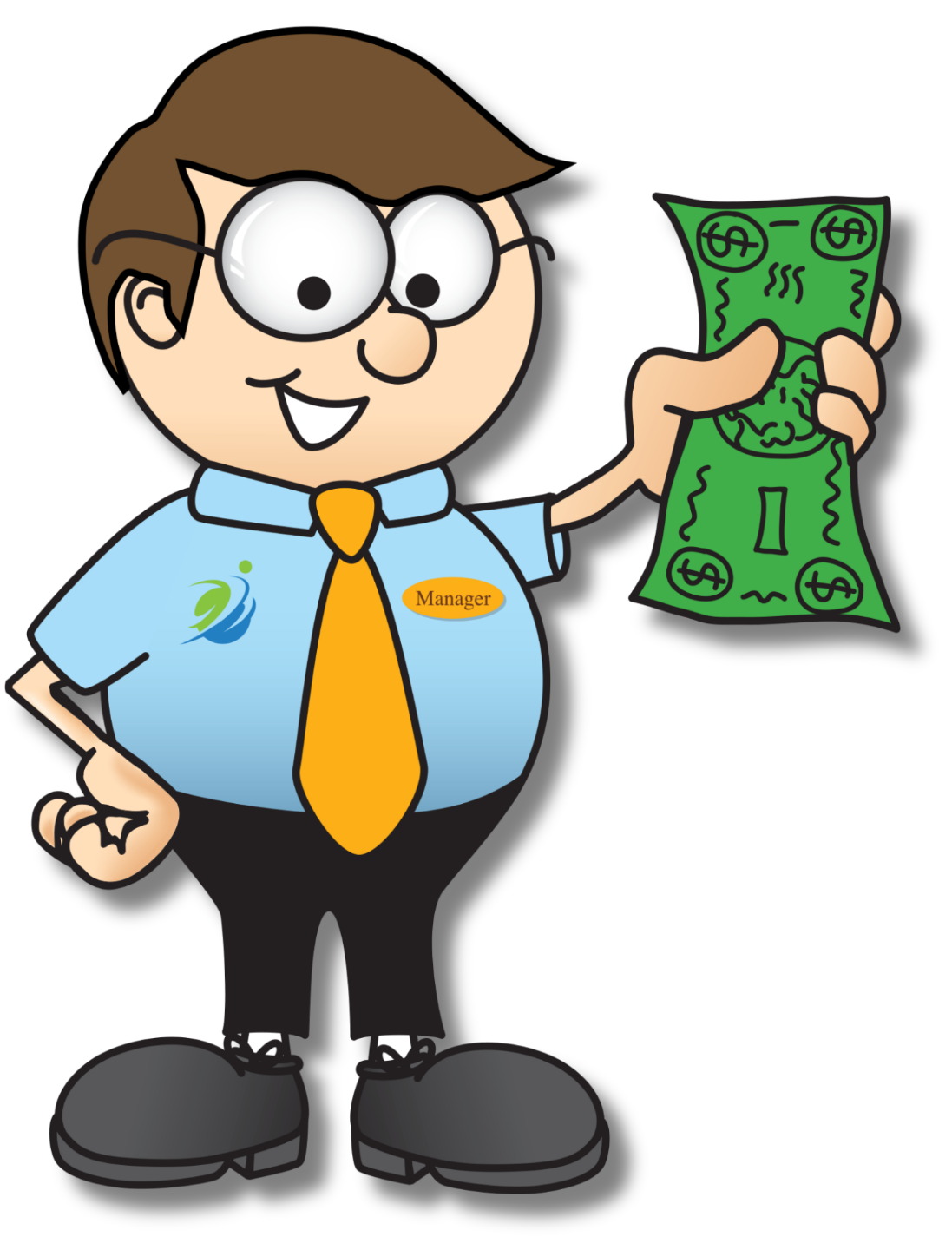 Cartoon restaurant manager holding up a green dollar bill, smiling beside “Step 3 – Start Earning Money” text.