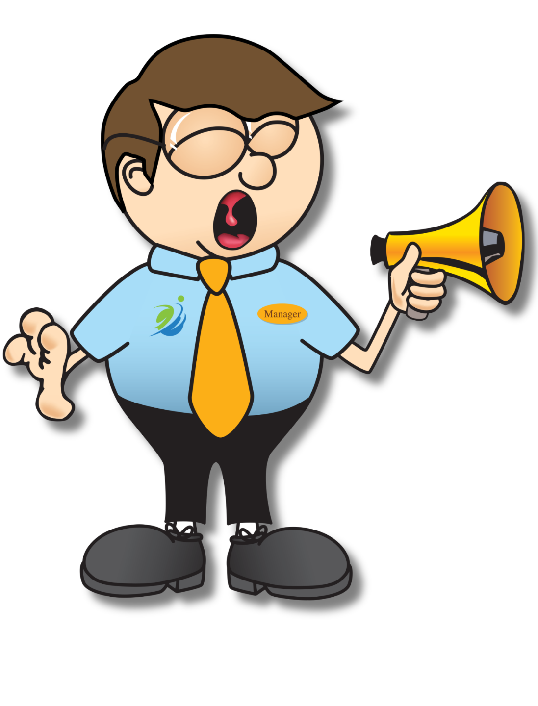 Cartoon restaurant manager in blue shirt and yellow tie holding a megaphone, announcing the REST Affiliate Program.