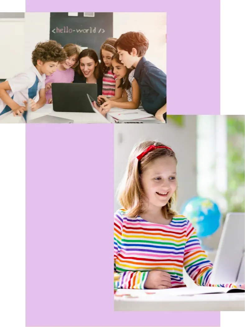 collage of kids using laptops