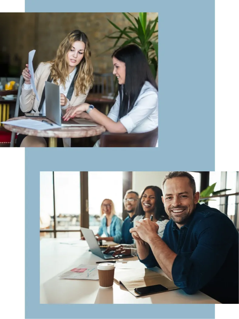 collage of two imges with multiple people in business settings